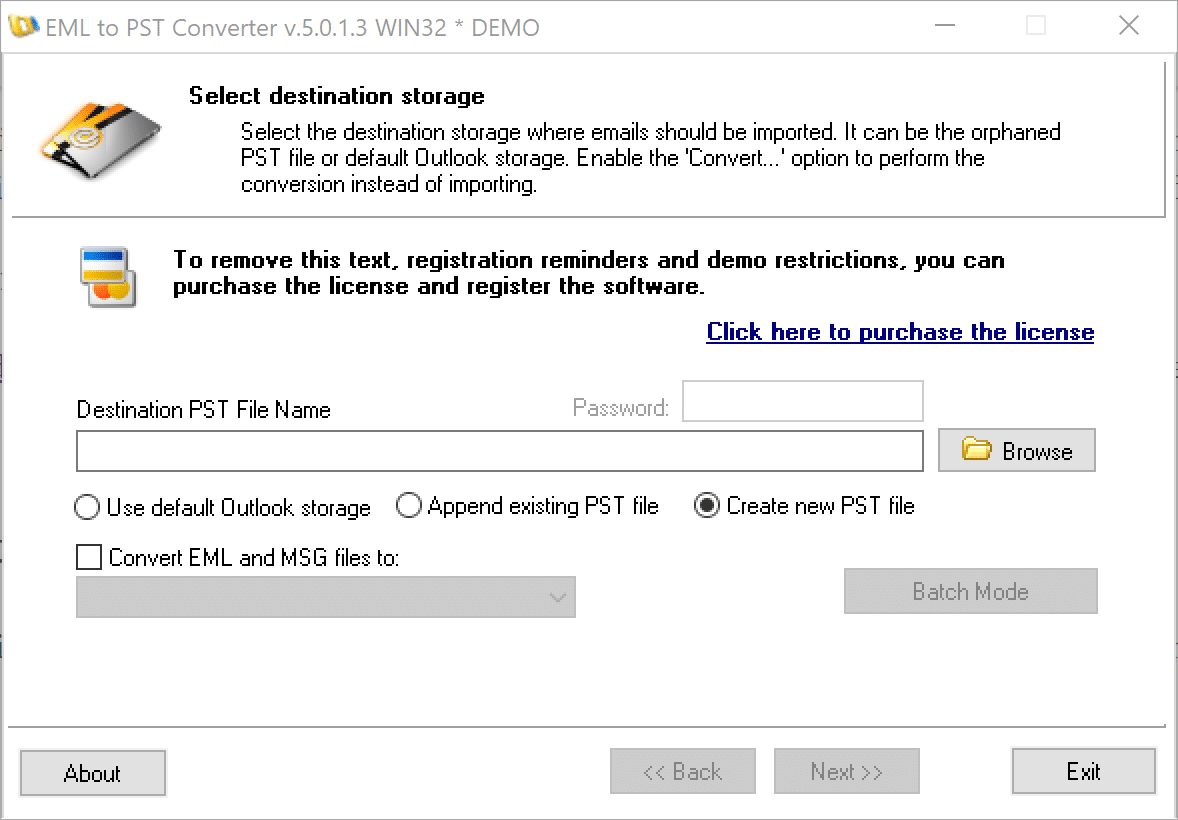 Eerste pagina van de EML naar PST-conversiewizard