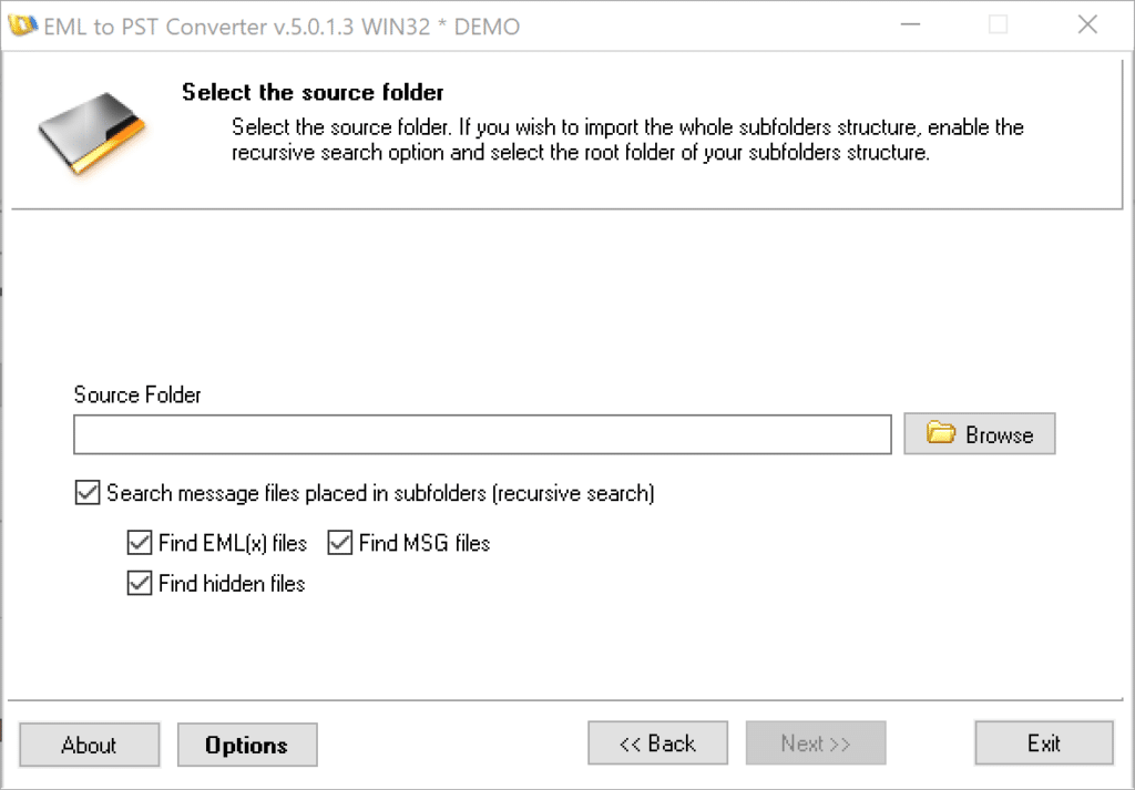 EMLからPSTへのコンバーター - 2 番目のウィザード ページ