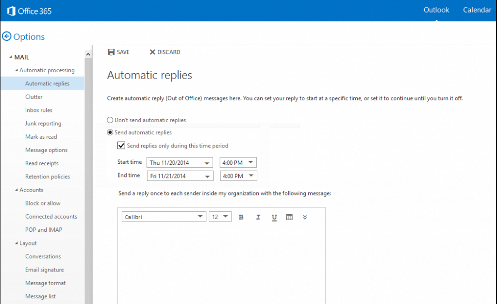 Outlook 365 out of office reply