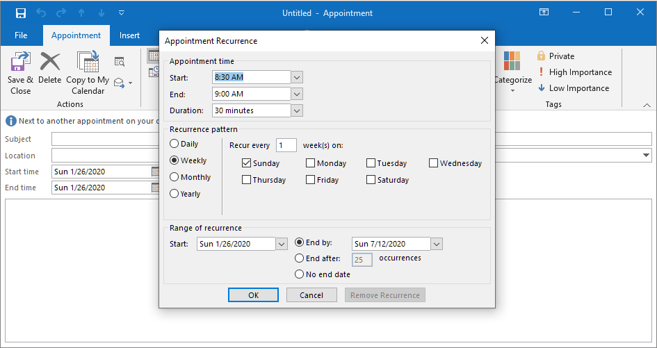 Outlook - Appointment Recurrence