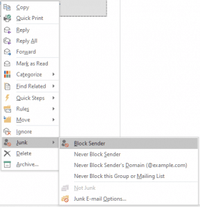 menu di Outlook - e-mail indesiderata blocco
