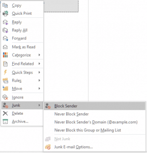 menus outlook - email bloc indésirable