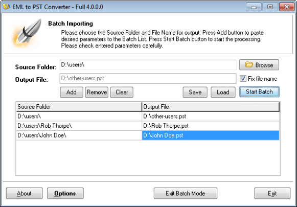 Mode Batch EML à la conversion PST