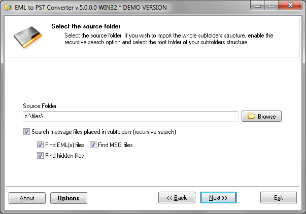 Specify the source folder containing your EML, MSG or another files to be imported