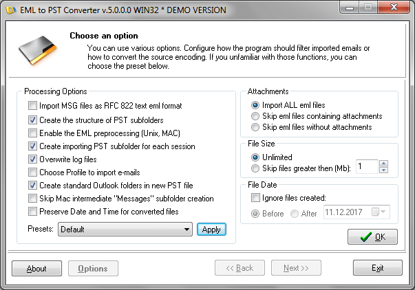 Sæt med EML til PST Converter muligheder