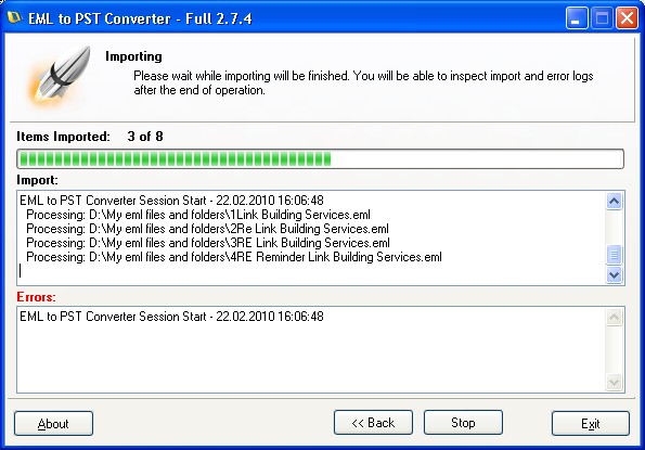 EML to PST Conversion progress